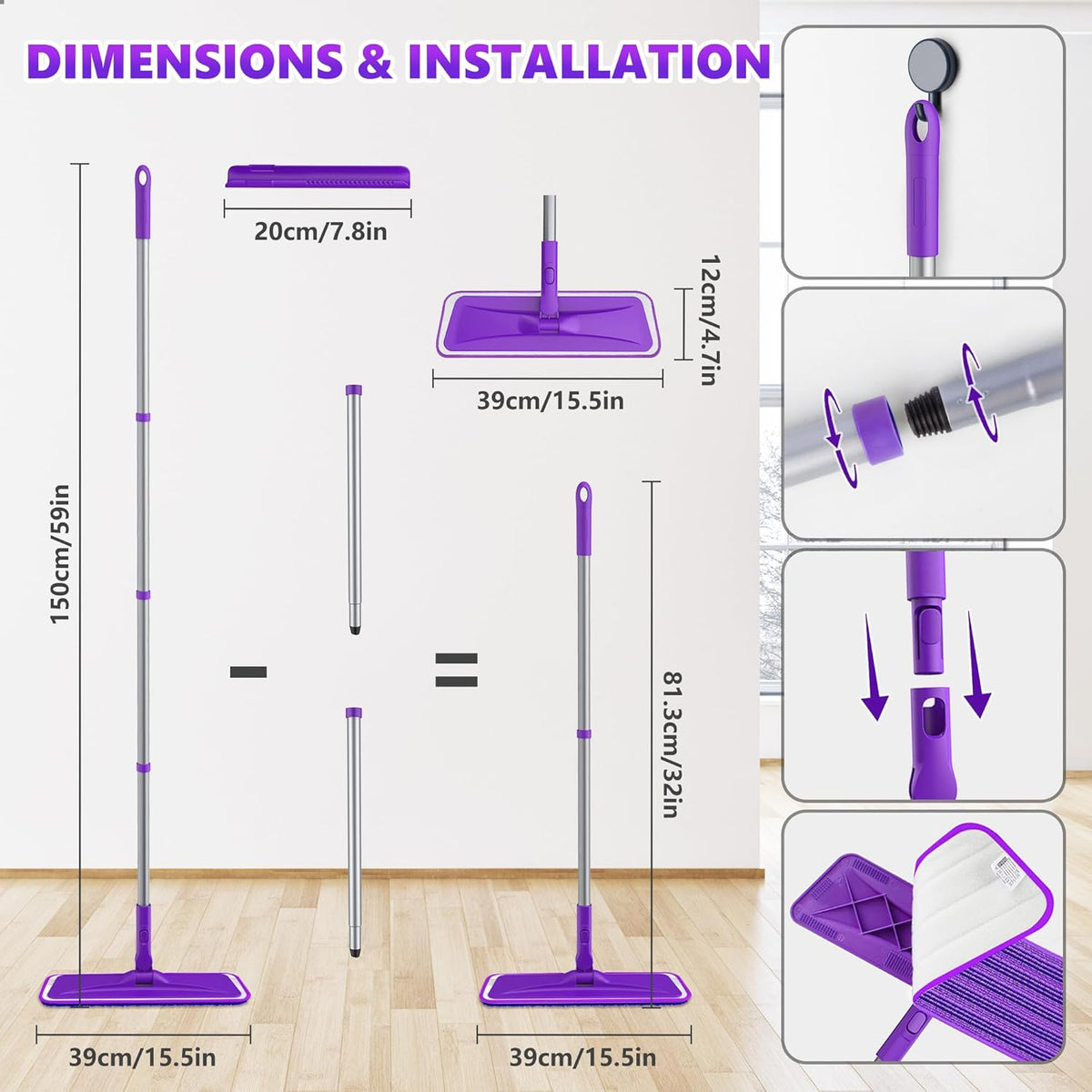 Microfiber Mops for Floor Cleaning - BPAWA Flat Floor Mop with 4 Reusable Washable Pads fit for