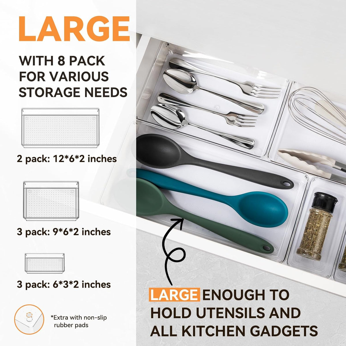 Criusia 8 Pack Drawer Organizer for Kitchen Gadgets, Large Clear Plastic Drawer Divider for Kitchen