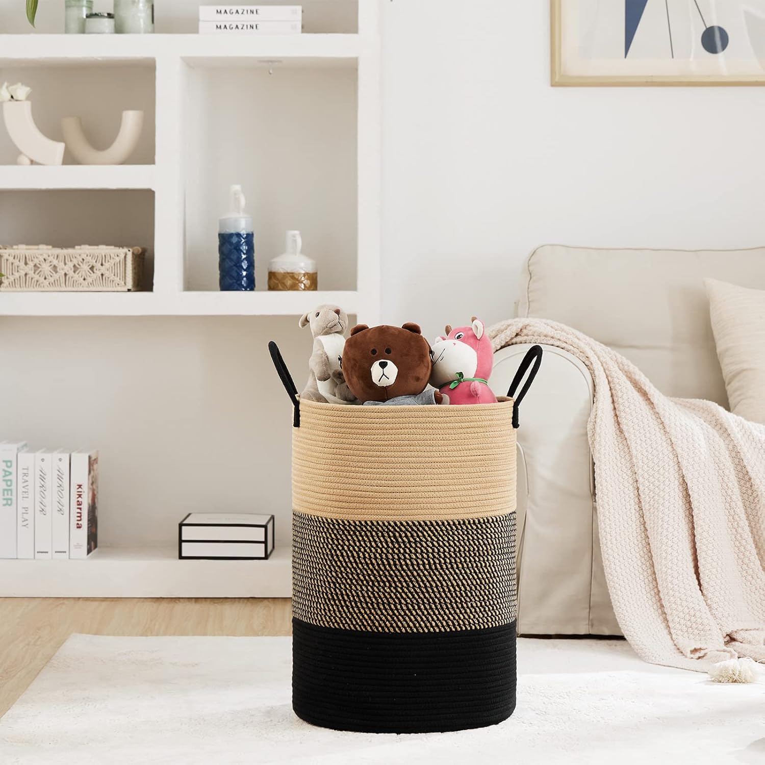 Fiona's magic 58L Large Woven Laundry Hamper, Tall Cotton Rope Laundry Basket, Boho Storage Basket
