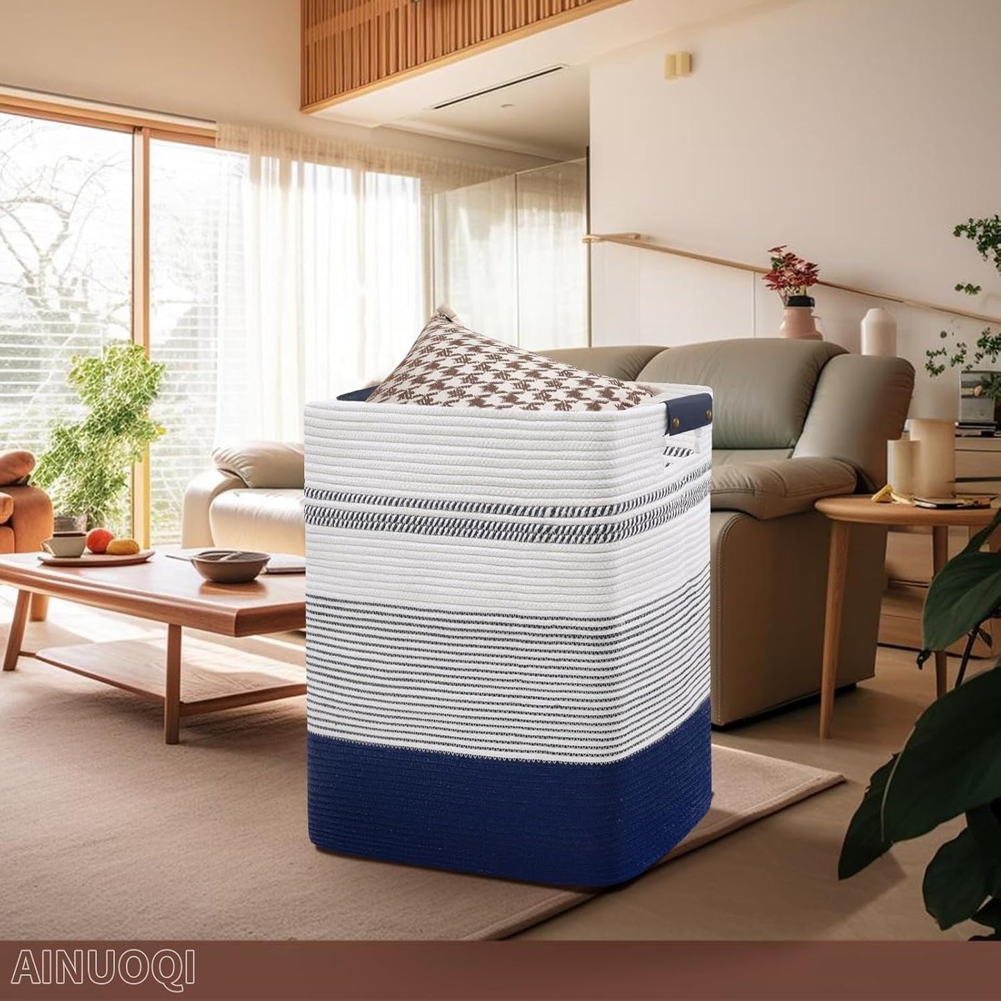Large Laundry Basket - Tall Woven Rope Laundry Hamper with Leather Handles - Dirty Clothes hamper