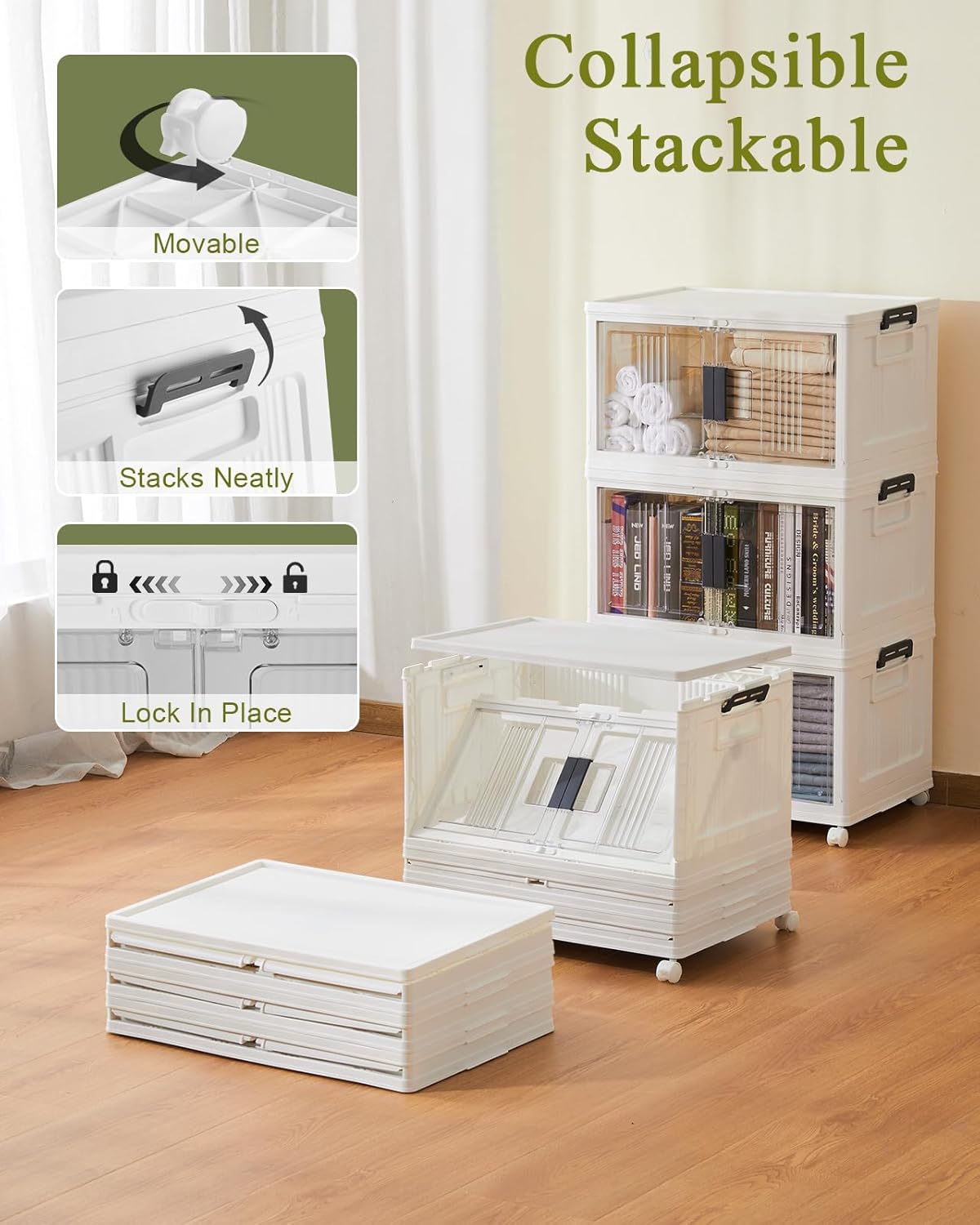 OlarHike 144QT Lockable Storage Bins with Lids - Folding Storage box with Doors and Wheels