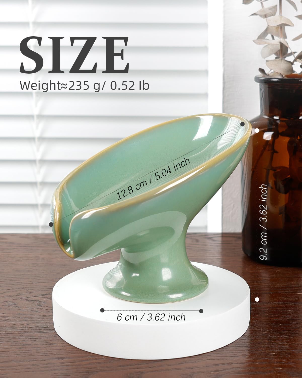 Soap Dish, Self Draining Bar Soap Holder for Bathroom Sink, Leaf Shaped Drainage Ceramic Mint Green