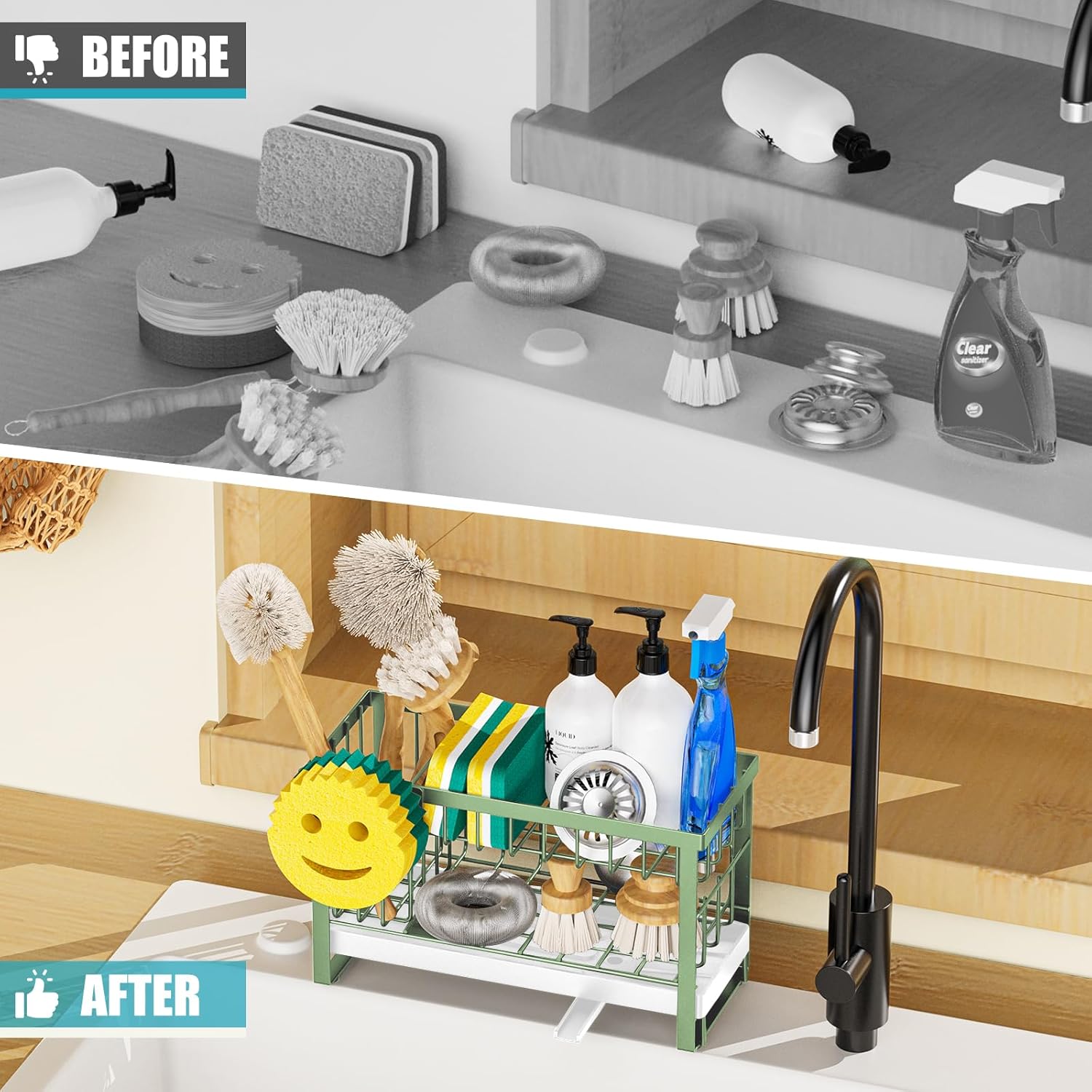 Sponge Holder for Kitchen Sink with Flexible Sink Caddy Smiley Face,2 Tier Kitchen Sponge Holder