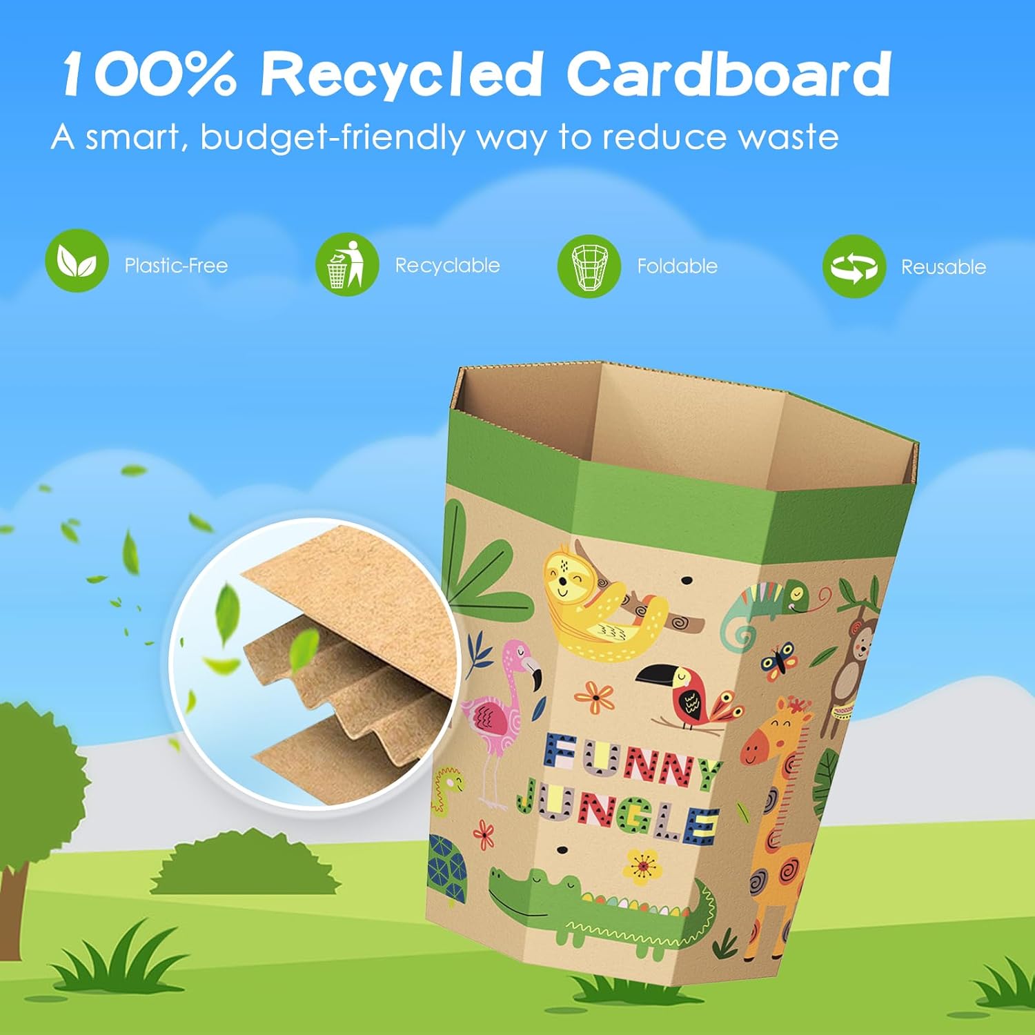 6-Pack Cardboard Trash Can – Foldable, Recyclable, Plastic-Free & Reusable Small Waste Paper Basket