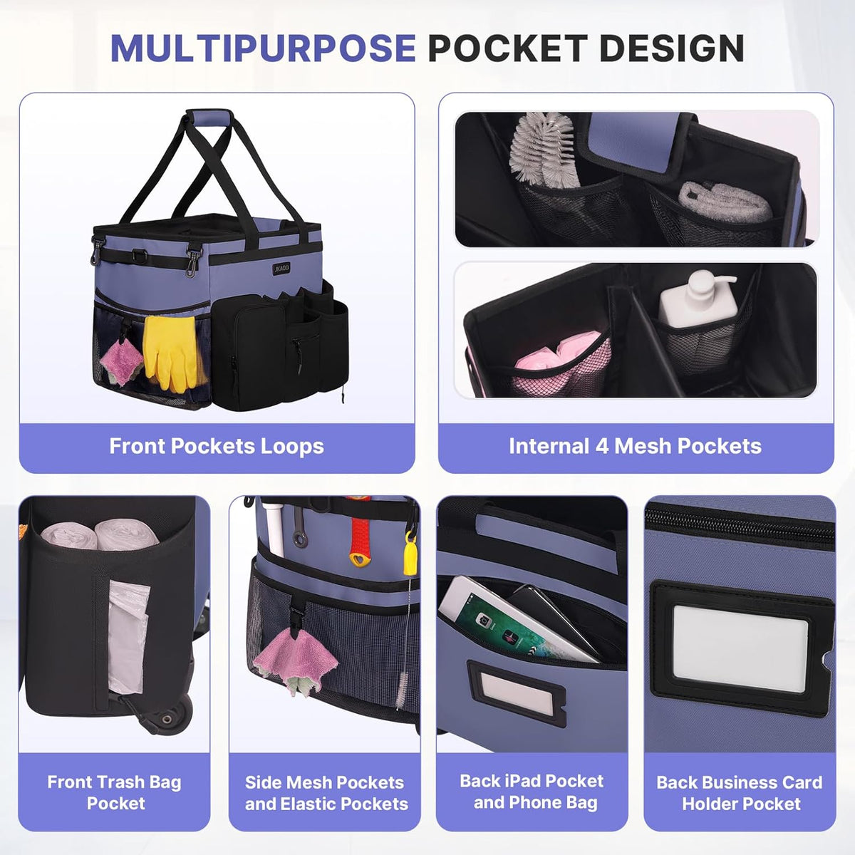Large Rolling Cleaning Caddy Bag with Detachable Trolley, Waterproof Cleaning Caddy on Wheels for