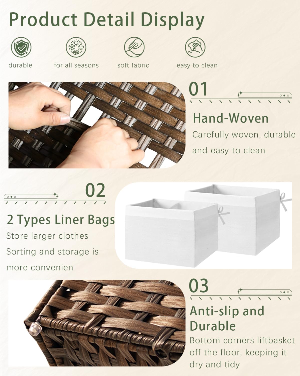 Storage Basket with Lid Rattan Woven Storage Baskets with 2 Separate Lids, 17.2 Gallon (65 L), 22 x