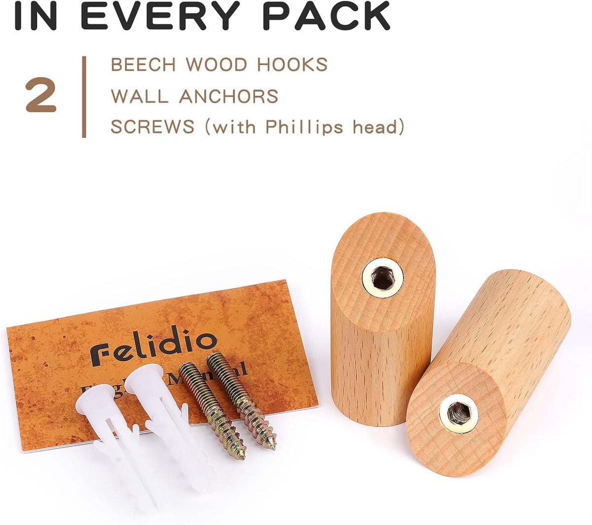 Wooden Wall Hooks, 2 Pack Coat Hooks Wall Mounted - Natural Wood Hook Coat Rack, Heavy Duty Hooks