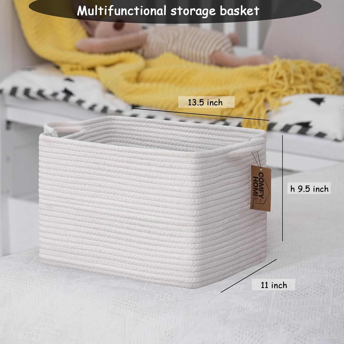 COMFY-HOMI 3PACK Cotton Rope Square Basket with Handles for Shelves|Dog Toy Basket Bin and
