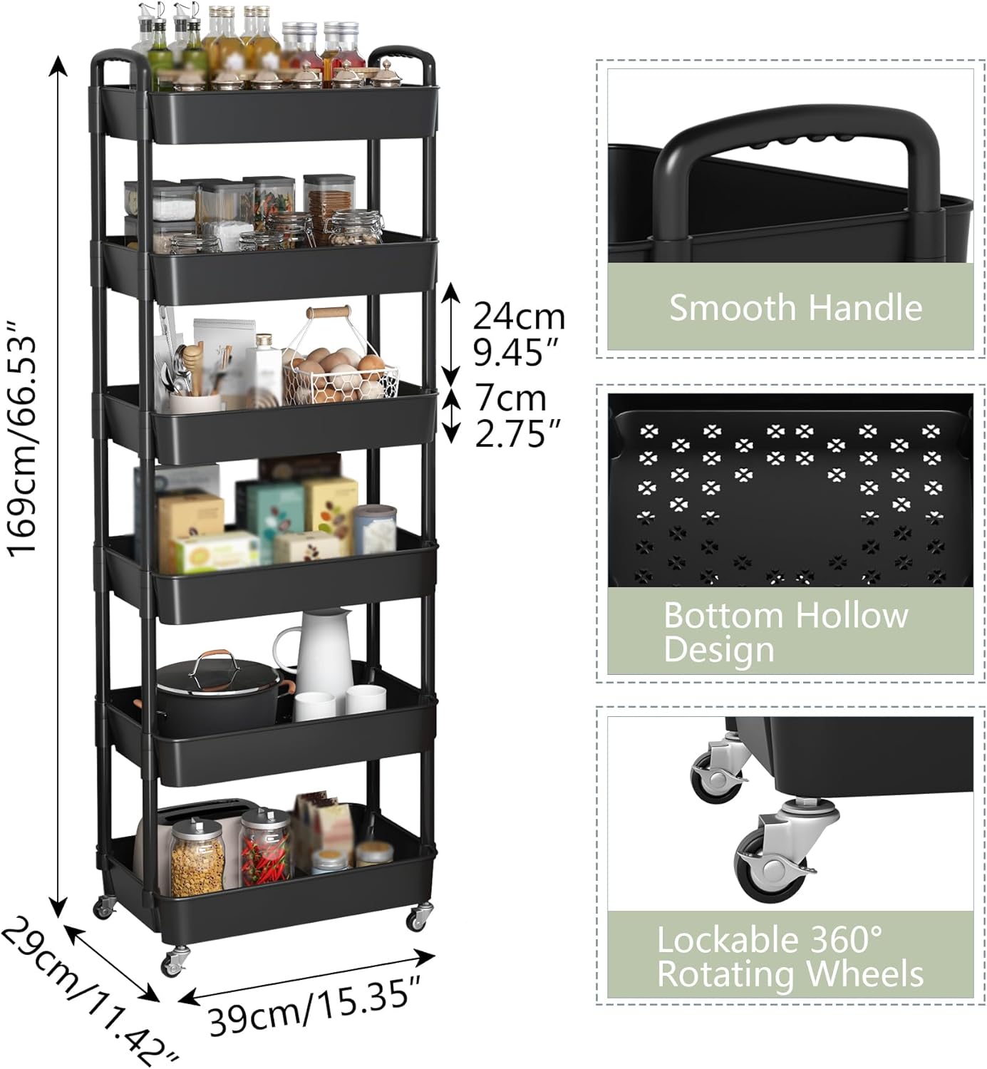 Sywhitta 6-Tier Plastic Rolling Utility Cart with Handle, Multi-Functional Storage Trolley for