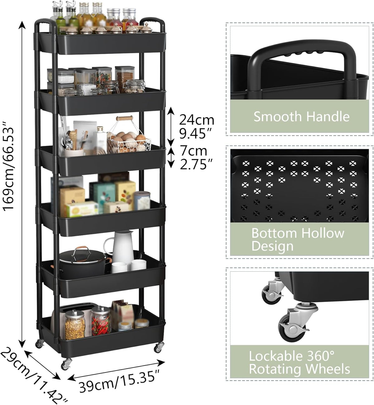 Sywhitta 6-Tier Plastic Rolling Utility Cart with Handle, Multi-Functional Storage Trolley for
