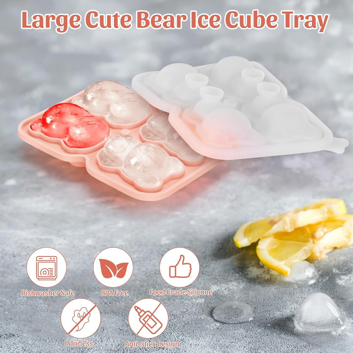 Silicone Ice Cube Tray,Bear 3D Large Ice Cube Molds for Whiskey,Cocktails,Wine,Juice and Bourbon,4