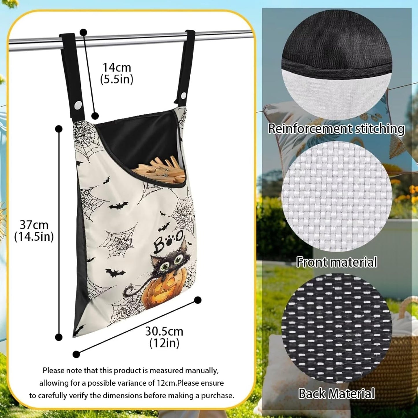 Cute Cat Space-Saving Laundry Clothespin Bag Pumpkin Waterproof Polyester Material, 2 Rope for