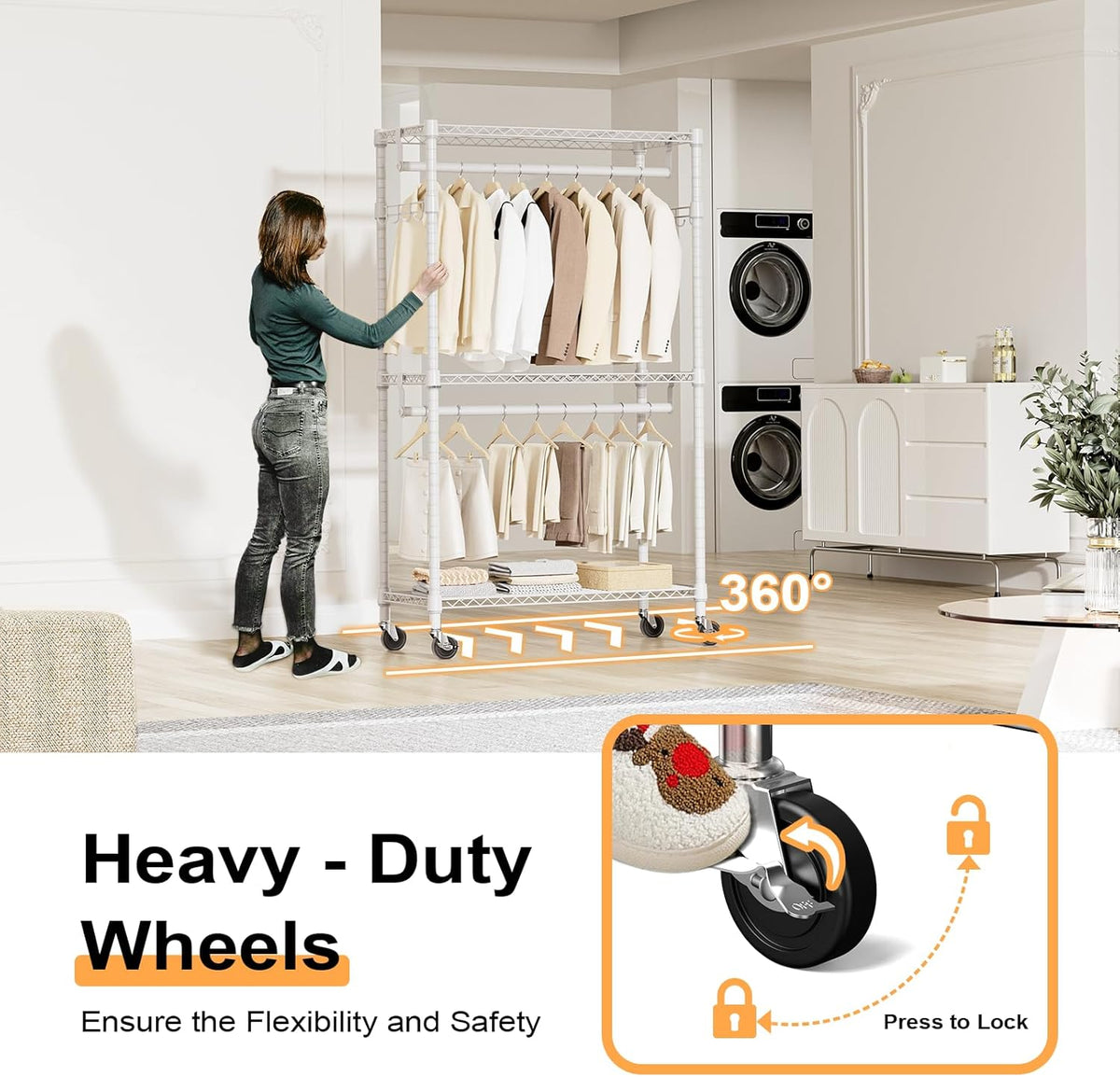 Heavy Duty Rolling Garment Rack 3 Tiers Adjustable Wire Shelving Clothes Rack with 2 Rods and Side