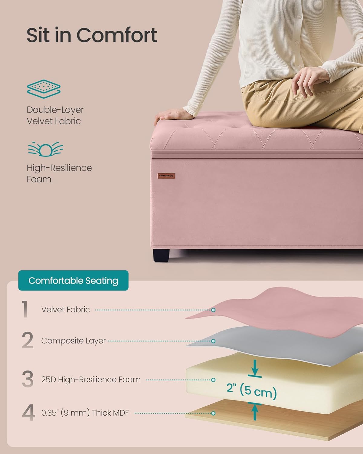 SONGMICS Velvet Storage Ottoman Bench, Foot Rest with Legs, 15.7 x 43 x 15.7 Inches, End of Bed