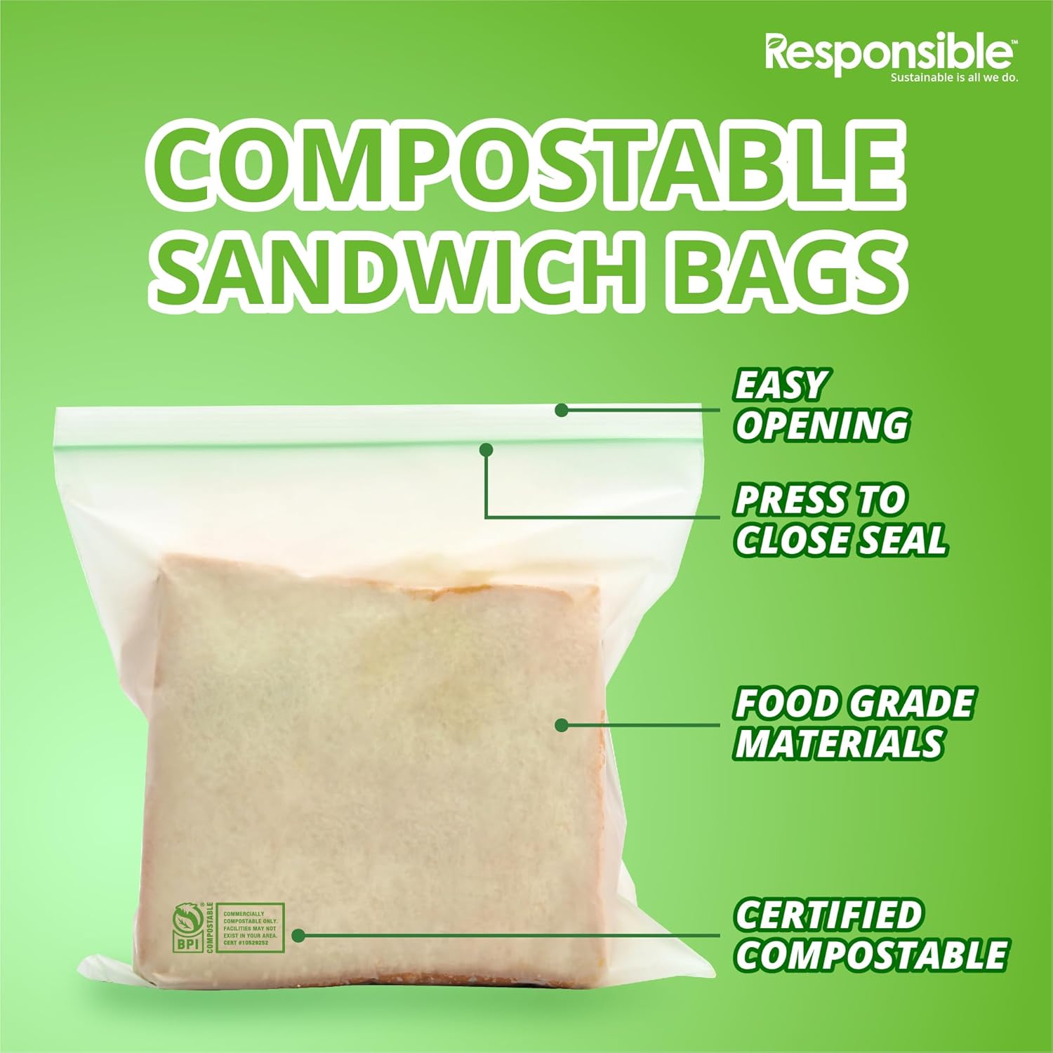 Responsible Products Certified Compostable SANDWICH Resealable Zip Bag, Extra Strength Food Bags