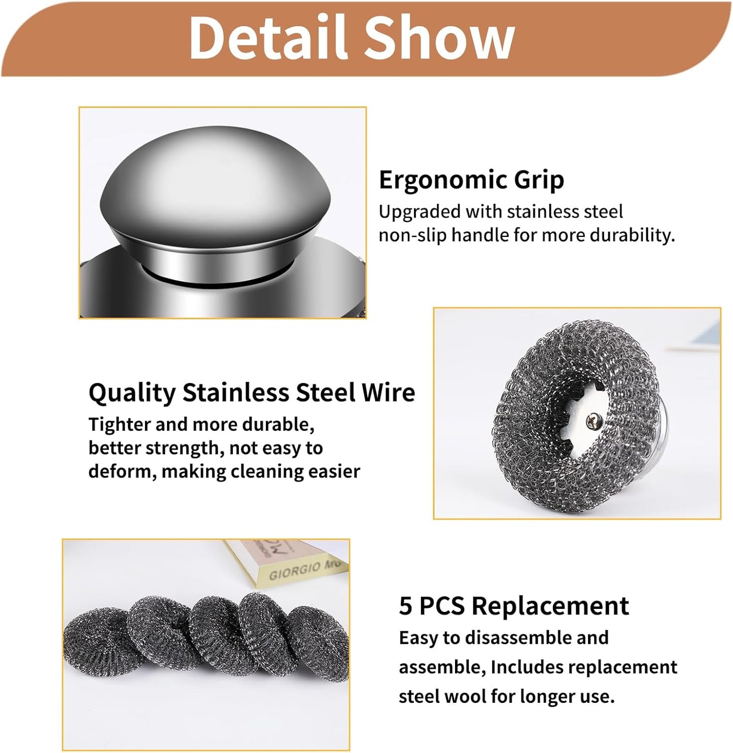 6Pcs Steel Wool Scrubber with Replacement Wire Pads Set, Stainless Steel Scrubber with Handle for