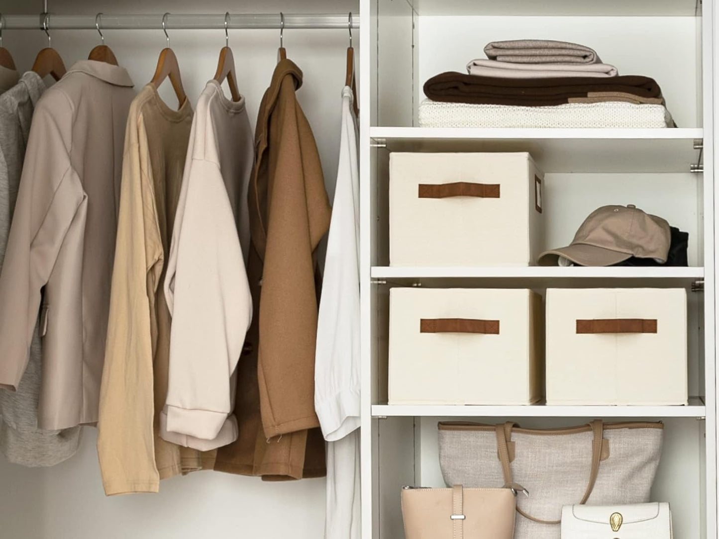 StorageWorks Storage Baskets for Shelves, Foldable Fabric Closet Storage Bins with PU Handles