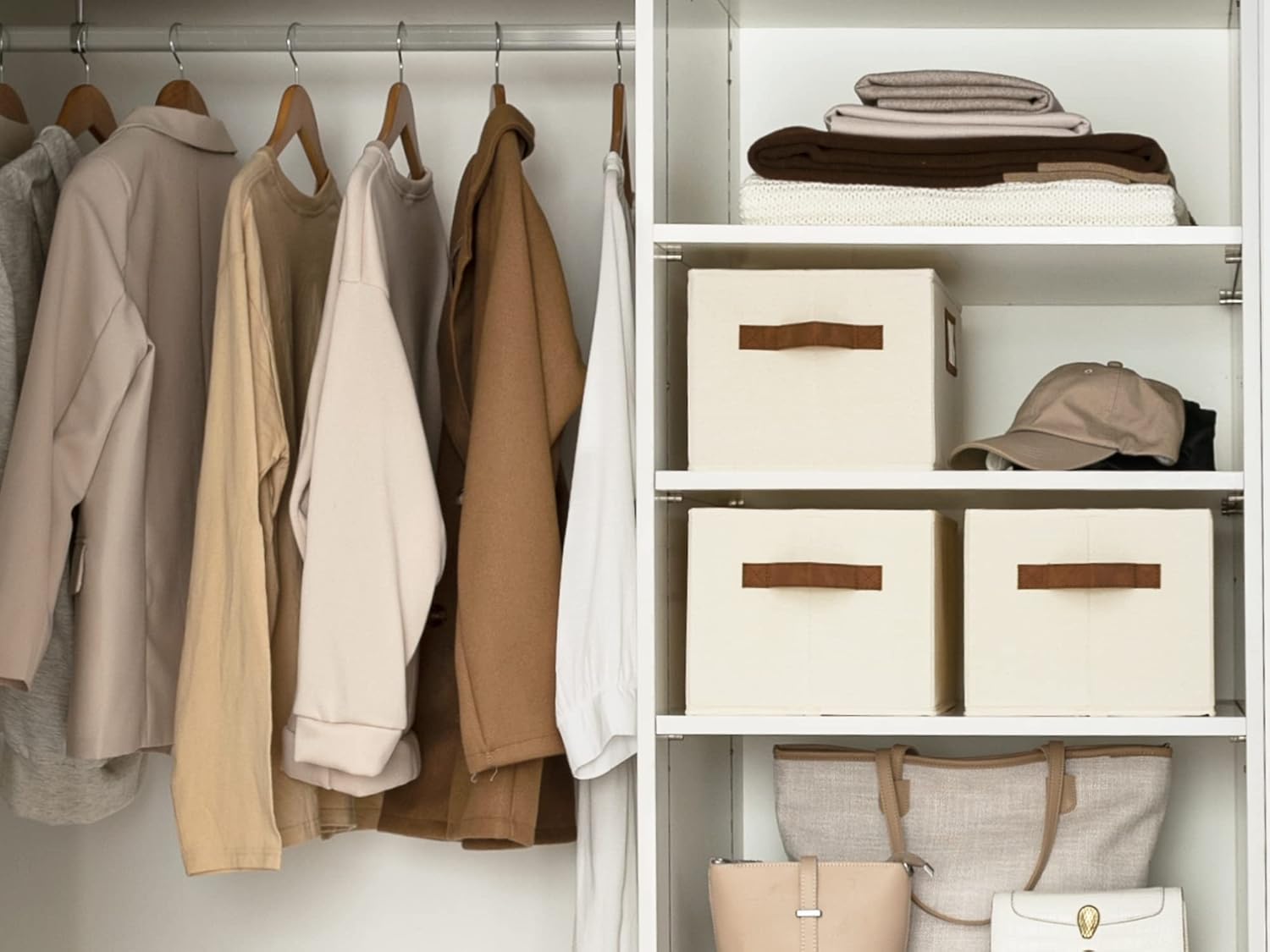 StorageWorks Storage Baskets for Shelves, Foldable Fabric Closet Storage Bins with PU Handles