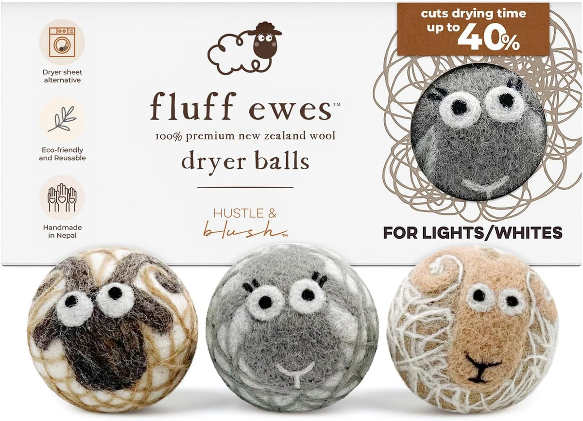 Fluff Ewes Wool Dryer Balls 3 Pack Premium New Zealand Wool Laundry Balls for Dryer, No Static