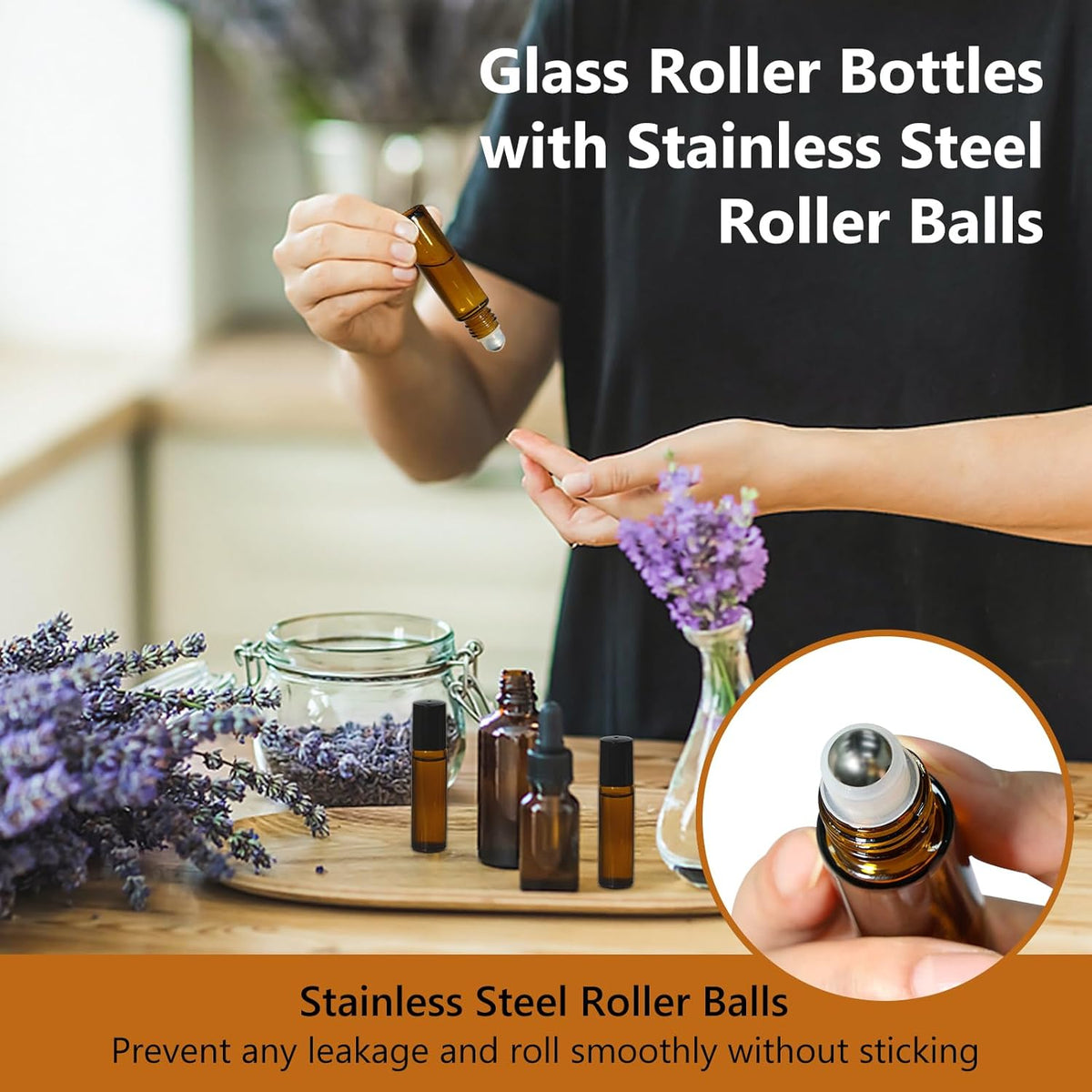 KEYWING 10ml Amber Roller Rottles for Essential Oils - 24PCS Glass Roll on Bottles with Black Caps
