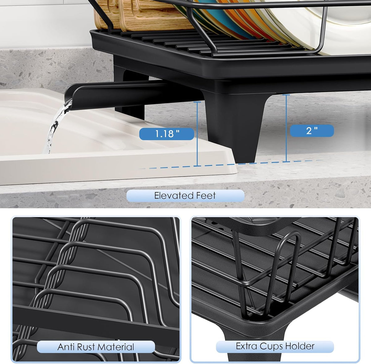 Dish Drainers for Kitchen Counter - Large Capacity Dish Drying Rack with Drainboard, Rustproof &