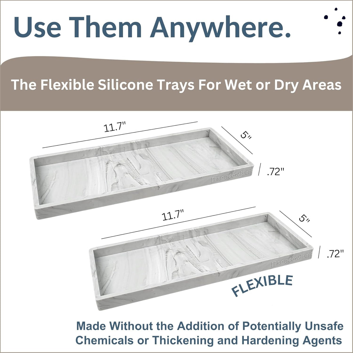 Countertop and Vanity Tray - 2 PC Large 11.7" Silicone Bathroom Trays, Counter Organizer, Dish Soap