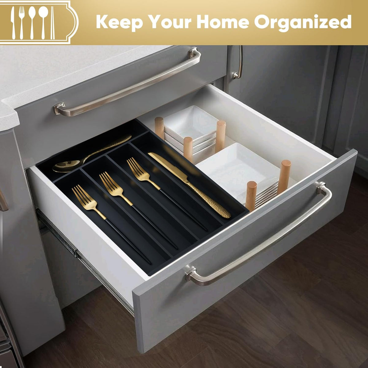 Silverware Organizer, 10 Inch Utensil Organizer Kitchen Drawer Organizer Bamboo Silverware Holder