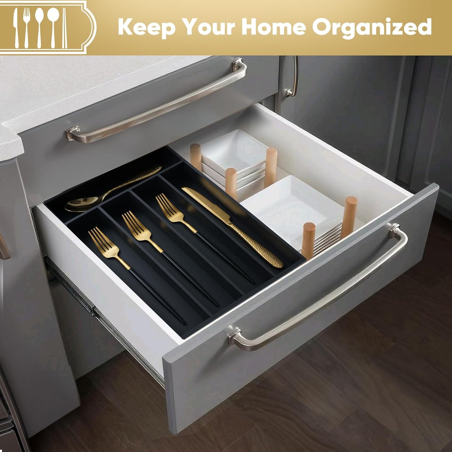 Silverware Organizer, 2 Pack 10 Inch Utensil Organizer Kitchen Drawer Organizer Bamboo Silverware
