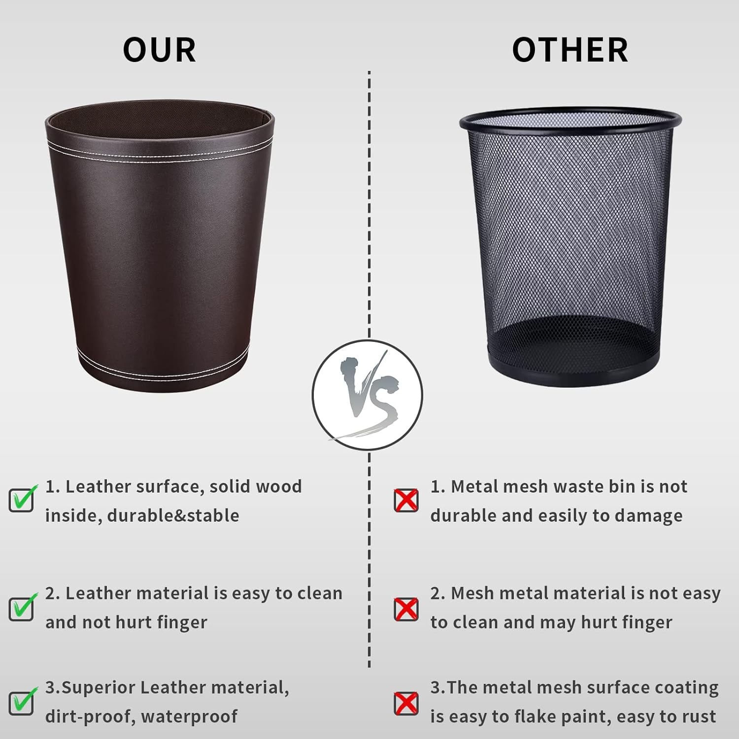 Pu Leather Trash Can for Bedroom, 2.6 Gallon Wastebasket for Office, Small Bathroom Garbage Cans