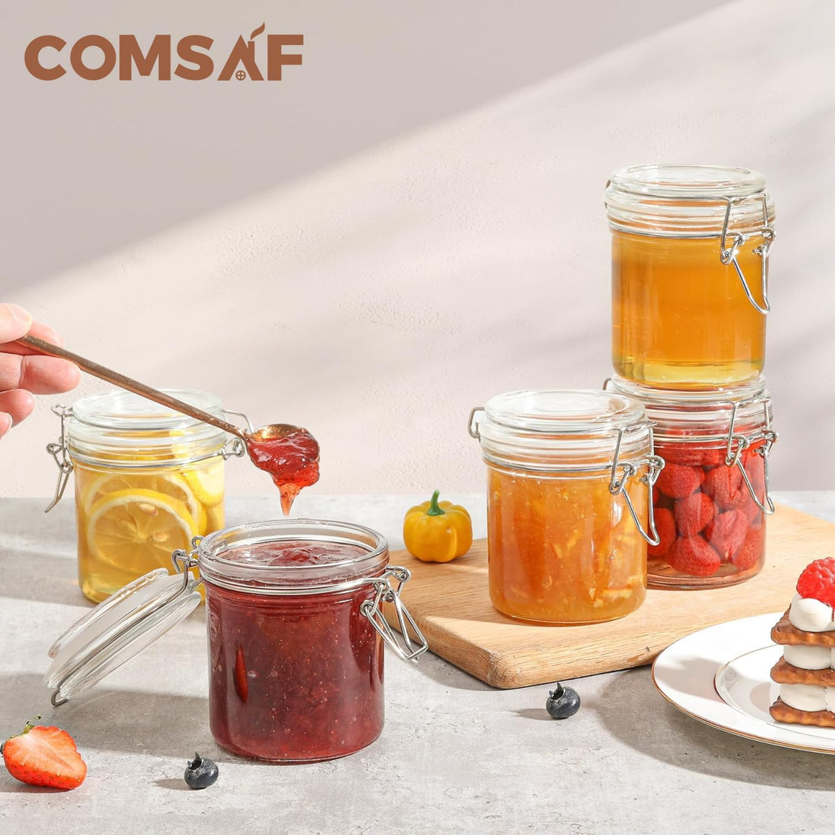 ComSaf 8oz Small Airtight Glass Jars Set of 6 with Lid Food Storage Jar Round, Mini Storage