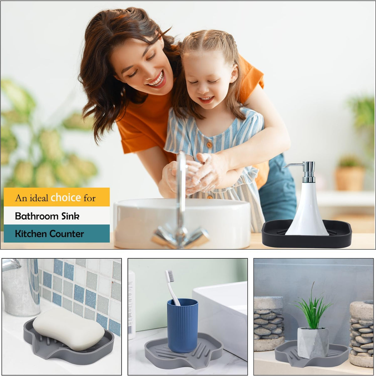 YASMEN 2 Pcs Silicone Soap Dish, Soap Holder with Drain, Sponge Holder for Kitchen Sink, Soap