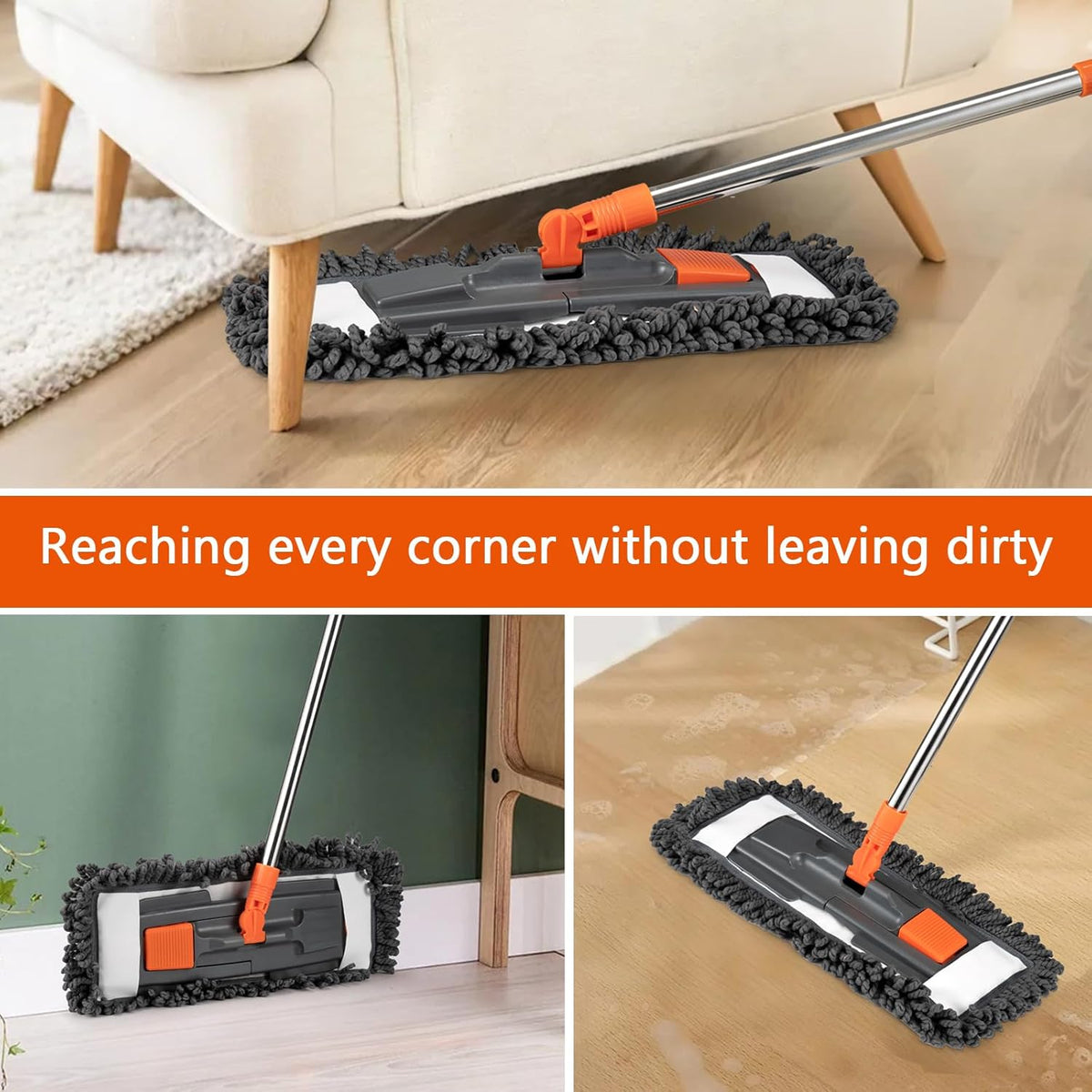 Dust Mop for Floor Cleaning with 3 Washable Pads (Chenille, Terry Cloth, Microfiber) and 55” Long
