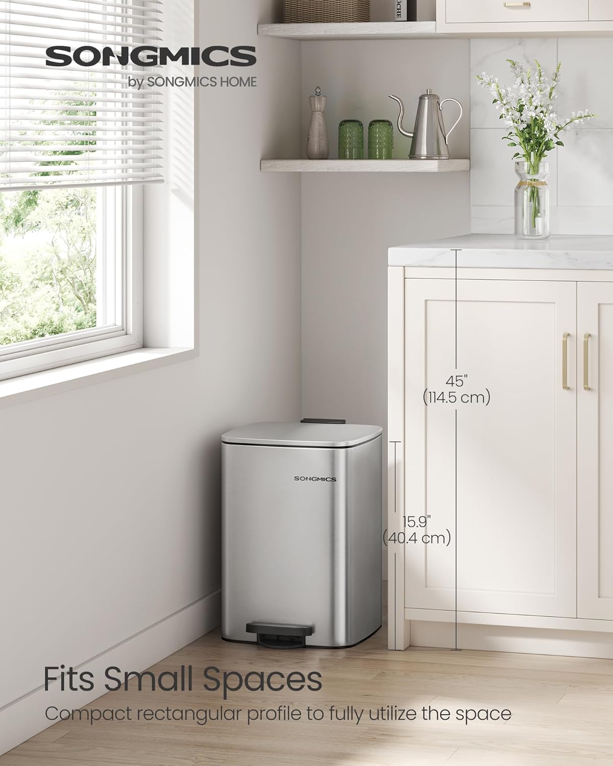 SONGMICS Kitchen Trash Can, 5.2-Gallon (20 L) Trash Bin, Stainless Steel Garbage Can, with Inner