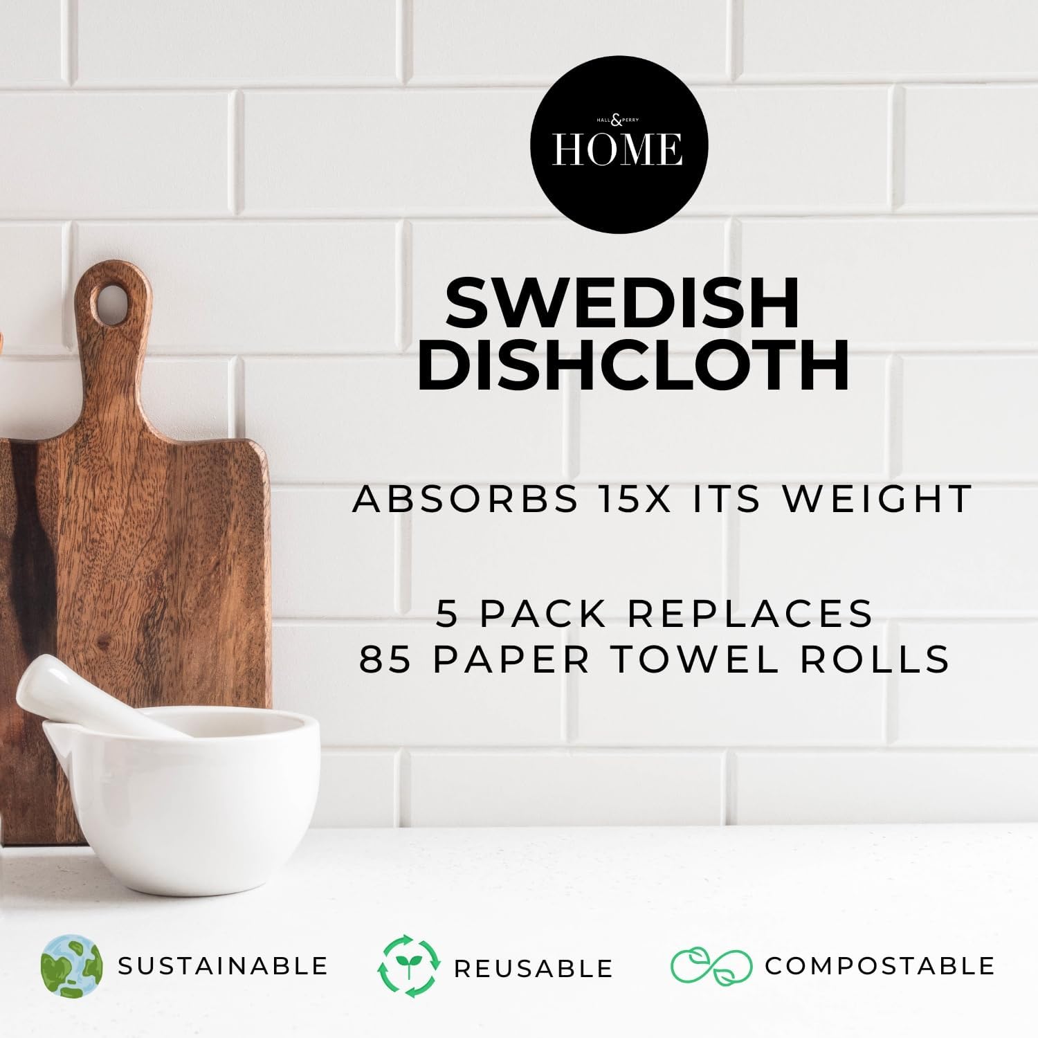 HALL & PERRY Swedish Dishcloths for Kitchen, 5-Pack, Reusable Cellulose Sponge Cloths for Kitchen &