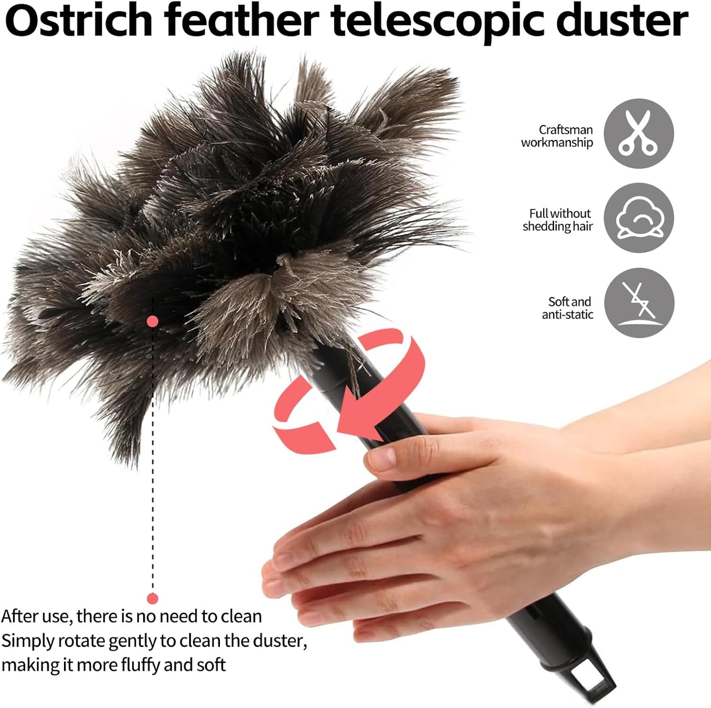 Retractable Feather Duster-Genuine Ostrich Feathers,Anti-Static,Reusable Eco-Friendly Handheld