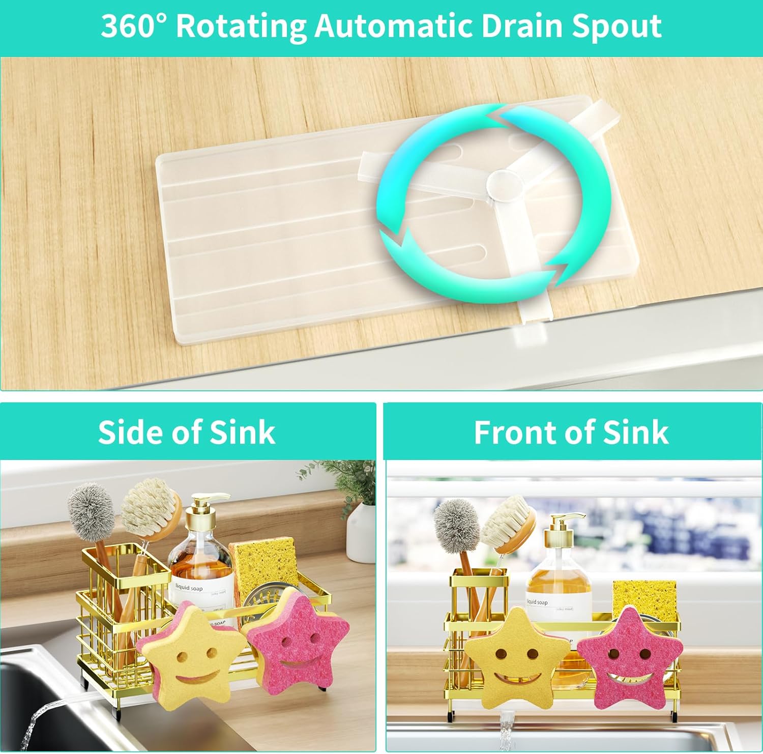 HapiRm Sink Caddy Sponge Holder - Self-draining Kitchen Sink Organizer with Smiley Face and Brush