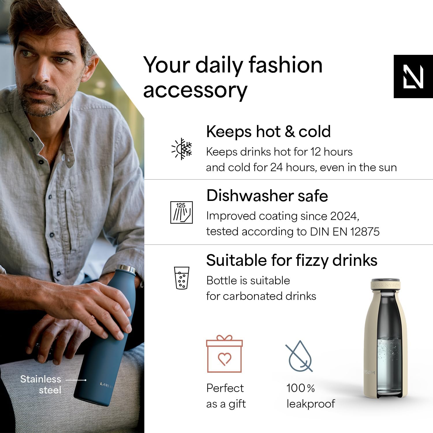 LARS NYSØM Stainless Steel Insulated Water Bottle 12oz 17oz 25oz 34oz 51oz | Insulated Thermo Flask