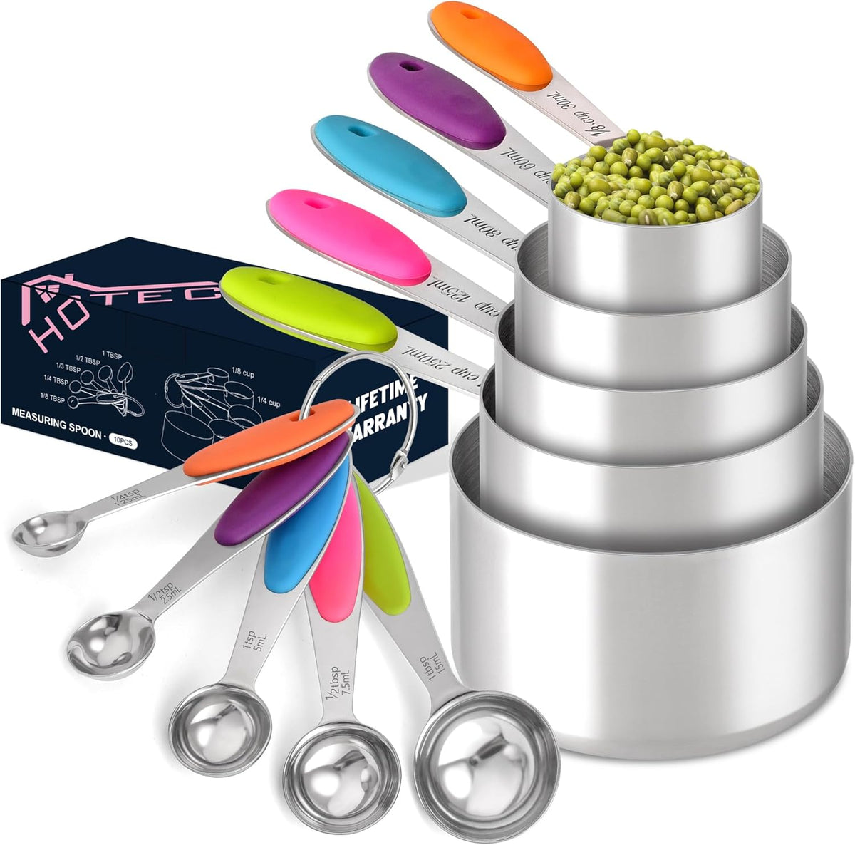 HOTEC 10-Pack Measuring Cups &Spoons Set, Kitchen Gadagets Cooking Baking, Measuring Spoons, Heavy