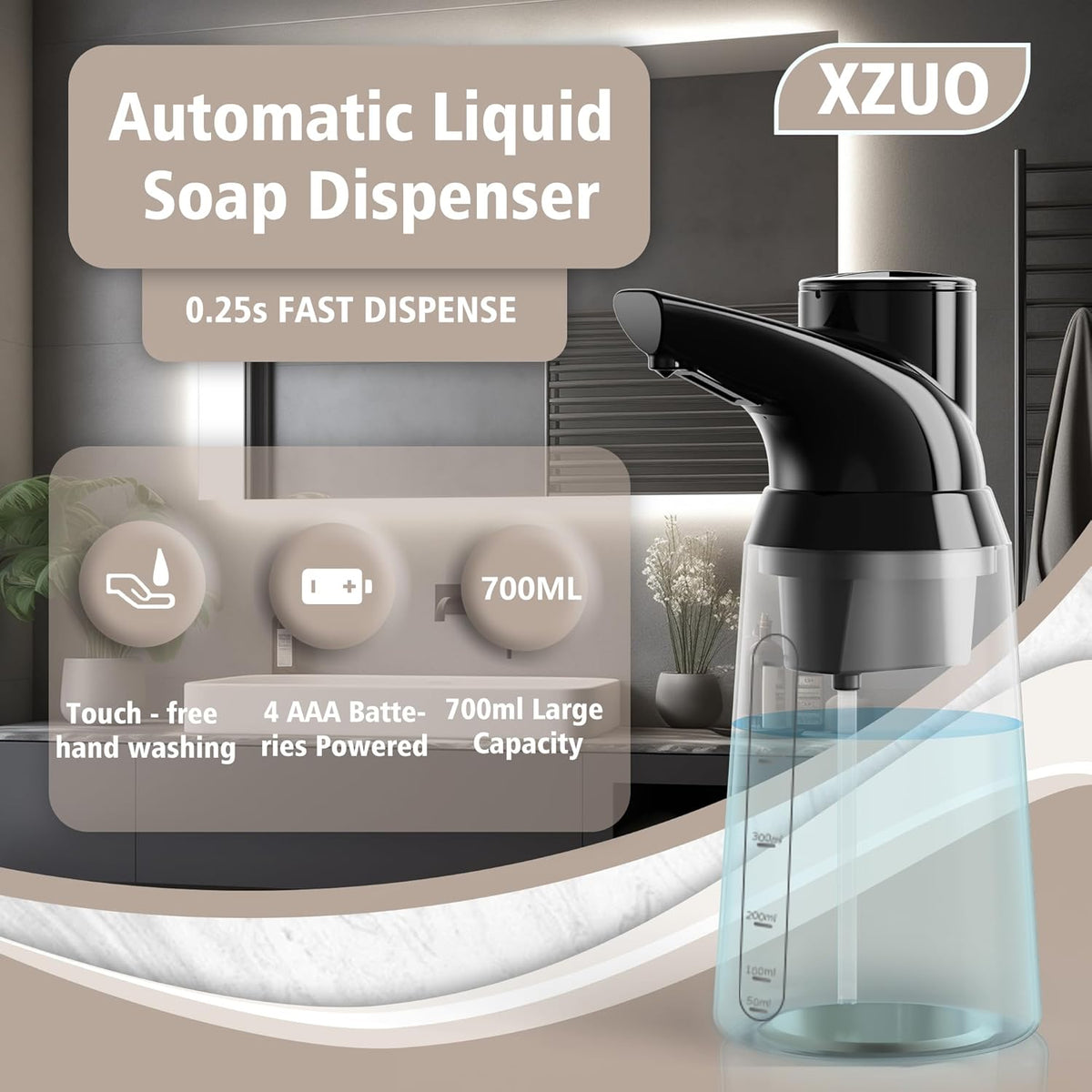 Automatic Soap Dispenser Touchless, 23.7 oz/ 700 ml, Low Battery Liquid Soap Bottle with Motion