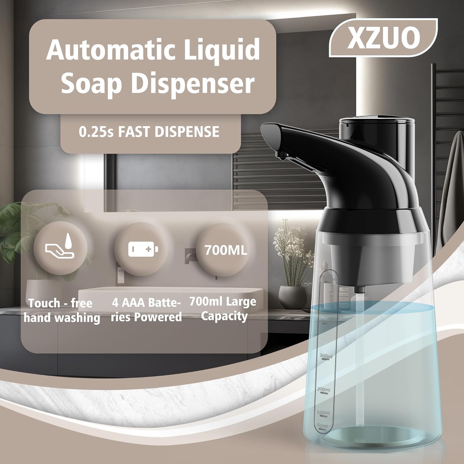 Automatic Soap Dispenser Touchless, 23.7 oz/ 700 ml, Low Battery Liquid Soap Bottle with Motion
