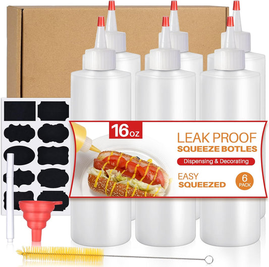Squeeze Bottles, 16oz Plastic Condiment Squeeze Bottles with Labels & Funnels & Brusher for Liquids