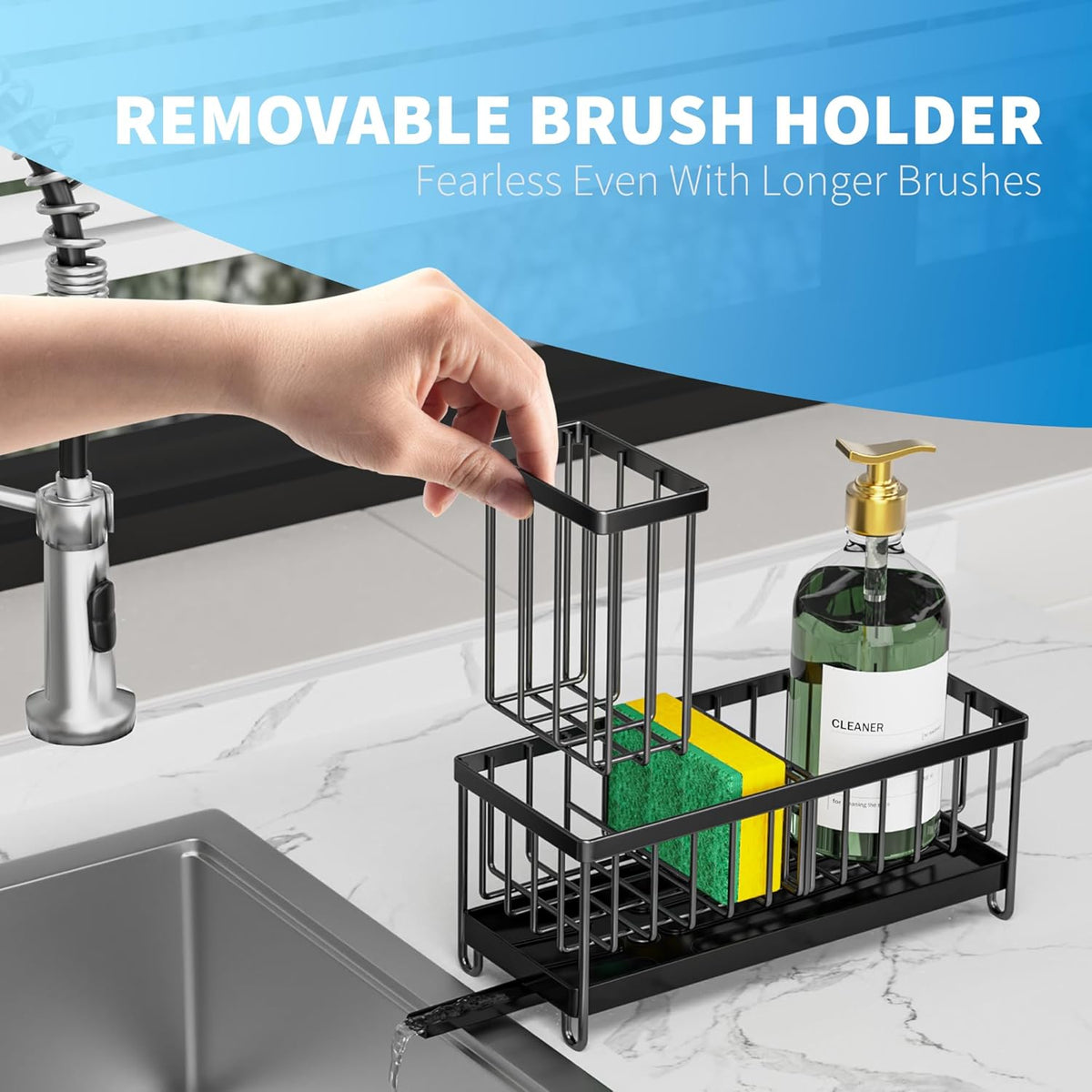 Cisily Black Sponge Holder for Kitchen Sink, Sink Caddy Organizer with High Brush Holder, Kitchen