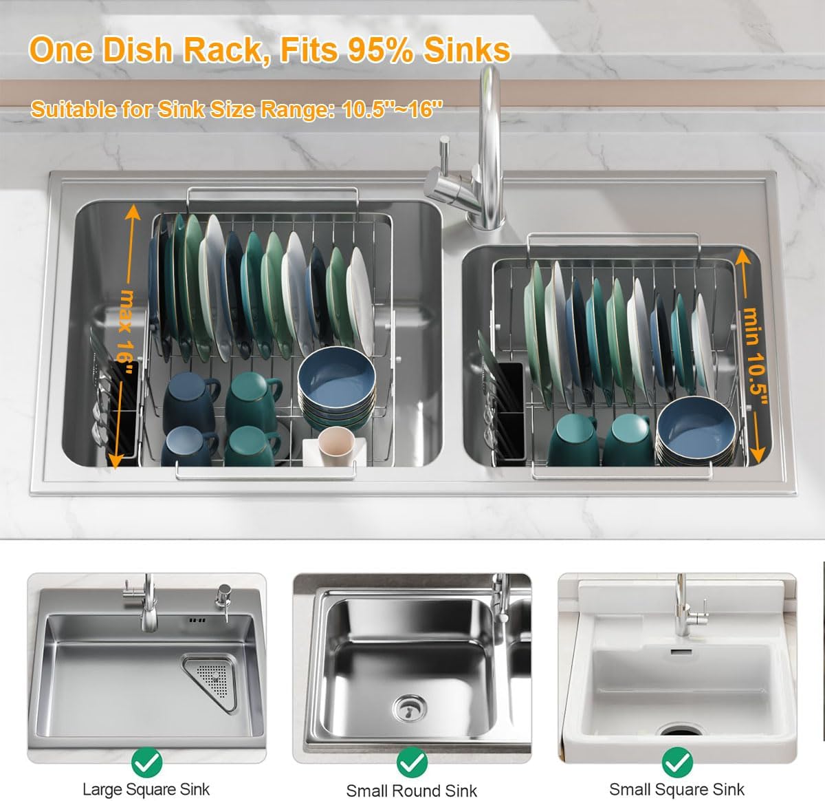 Expandable in Sink Dish Drying Rack, Adjustable Capacity (10.5''-16'') Stainless Steel Over The