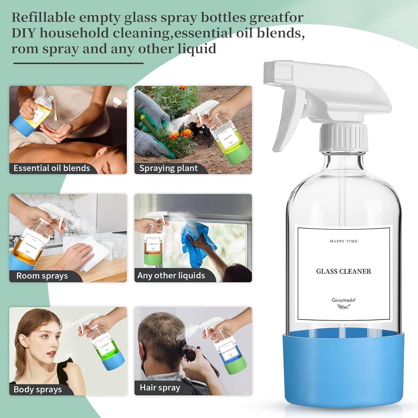 2 Pack Glass Spray Bottles with Silicone Sleeve,16oz Clear Glass Spray Bottles Refillable Empty