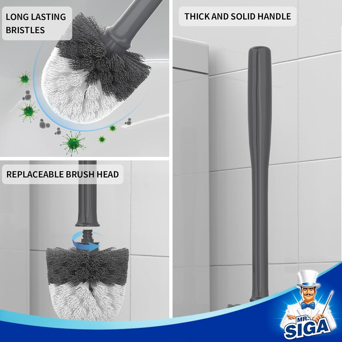 MR.SIGA Toilet Bowl Brush and Holder, Premium Quality, with Solid Handle and Durable Bristles for