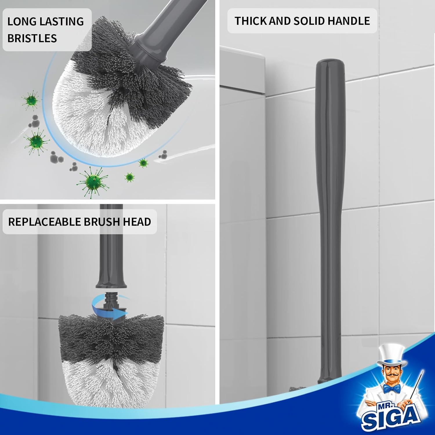 MR.SIGA Toilet Bowl Brush and Holder, Premium Quality, with Solid Handle and Durable Bristles for