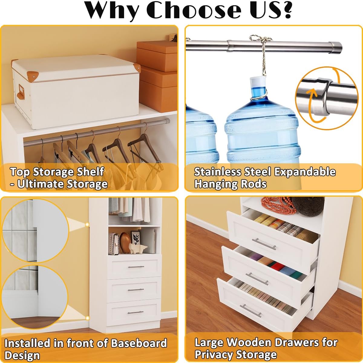Closet System with 2 Sets, 4FT Closet Organizer Systems with 3 Wooden Drawers & 5 Hanging Rods