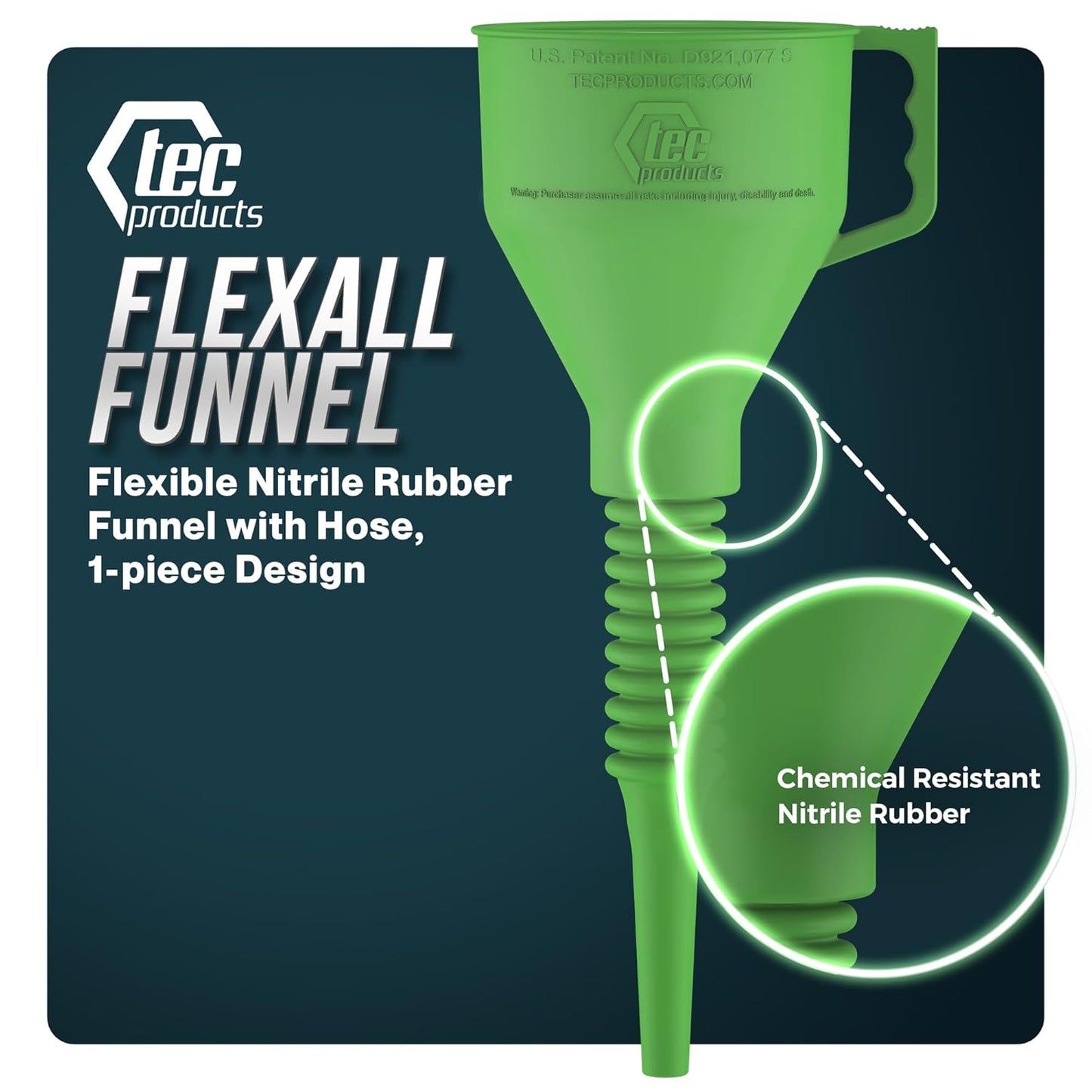 TEC Products FlexAll Long Flexible Funnel for Automotive Use - Durable Nitrile Rubber - Ideal for