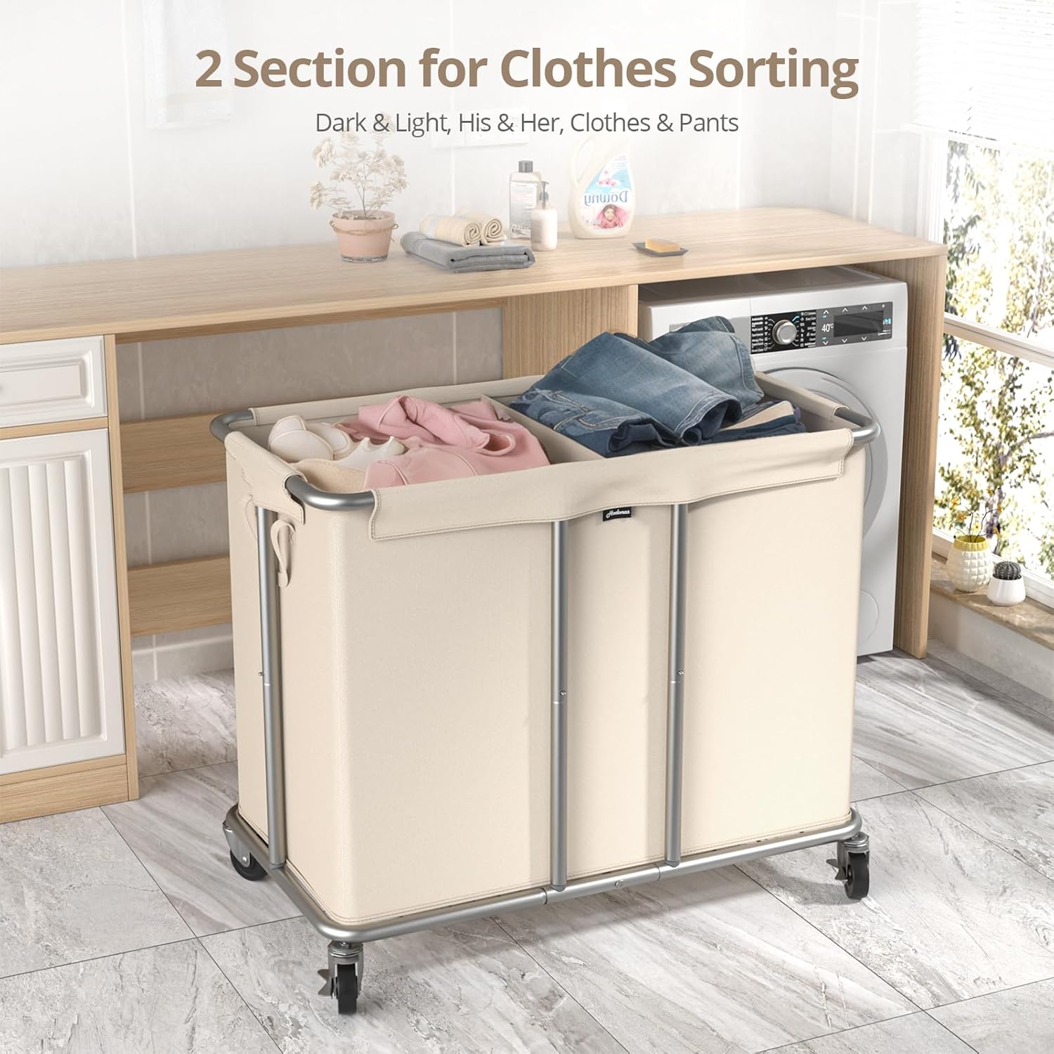 230L Rolling Laundry Hamper, 2-Section Laundry Basket with Wheels, 61 Gallons Laundry Sorter with