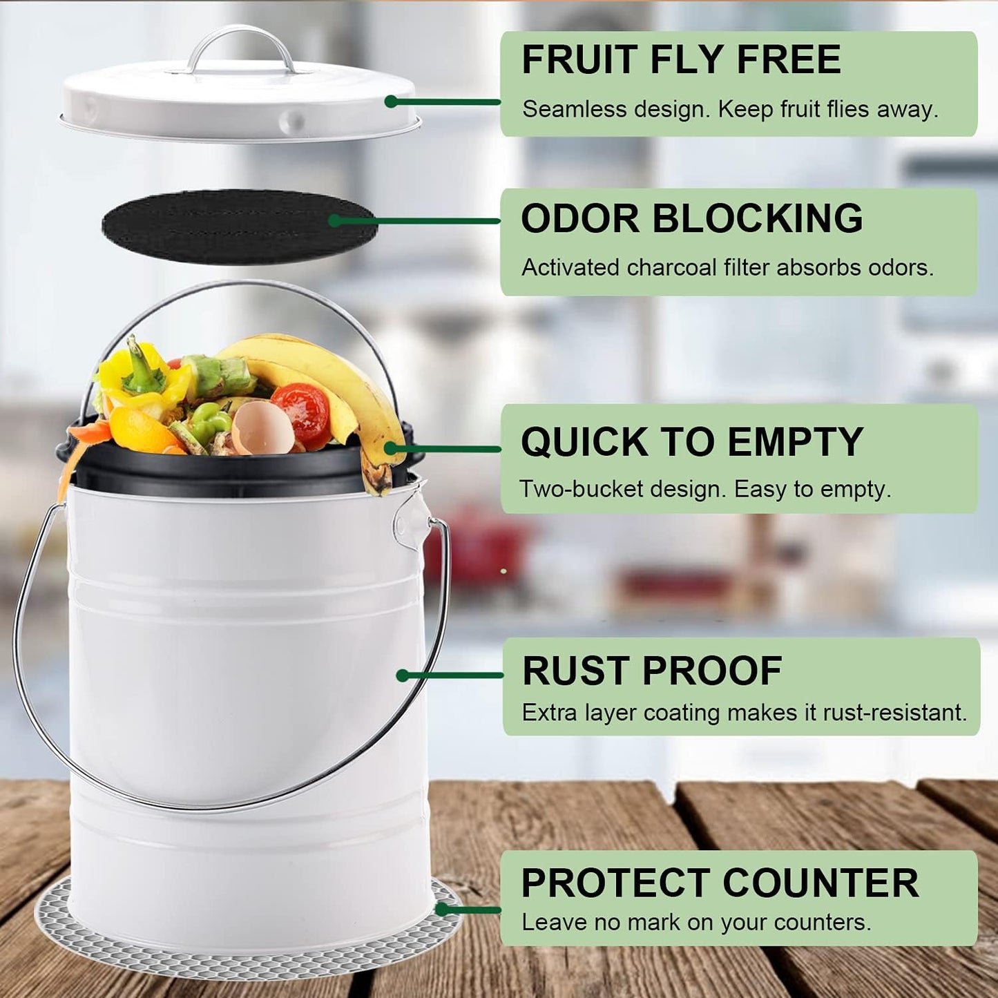 Compost Bin for Kitchen Counter, LALASTAR Small Metal Compost Bin Indoor Kitchen Sealed with Lid